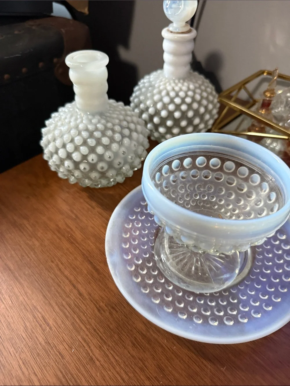 Vintage White Hobnail Glass Compote and Decanters Set